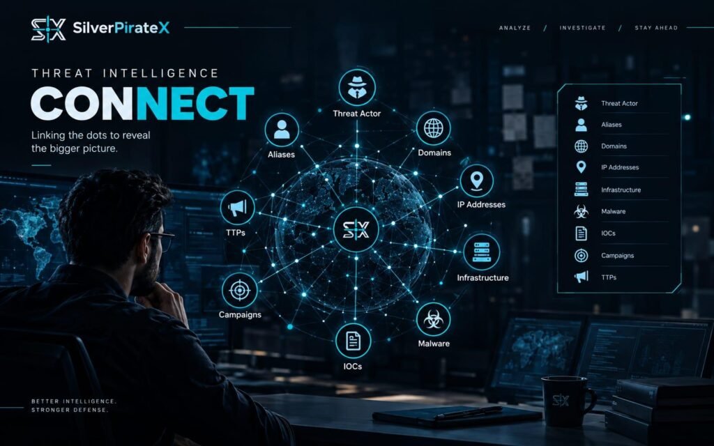 Threat Intelligence visualization showing connections between threat actors, infrastructure, malware, IOCs, and campaigns