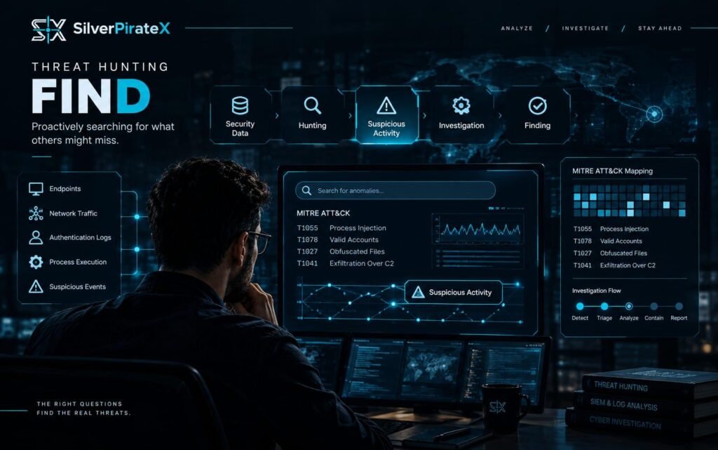 Threat Hunting visualization showing security telemetry, suspicious activity, investigation, and threat detection